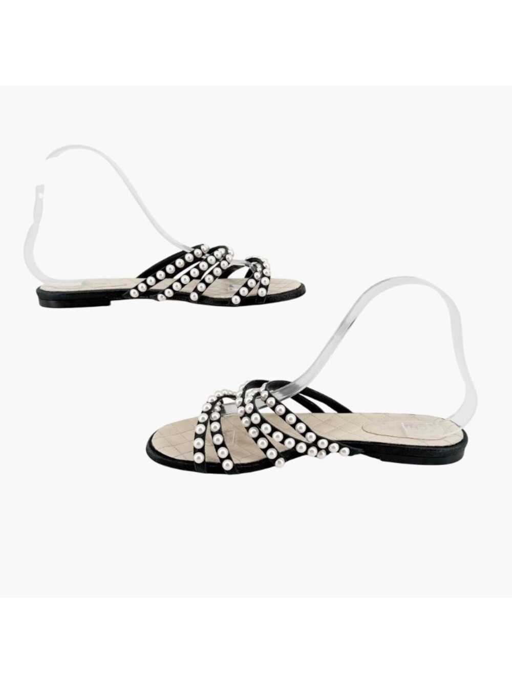 Chanel CC Pearl Strappy Slide Sandals Black White Flat Size 38.5 US 7.5-8 Women - Picture 10 of 14